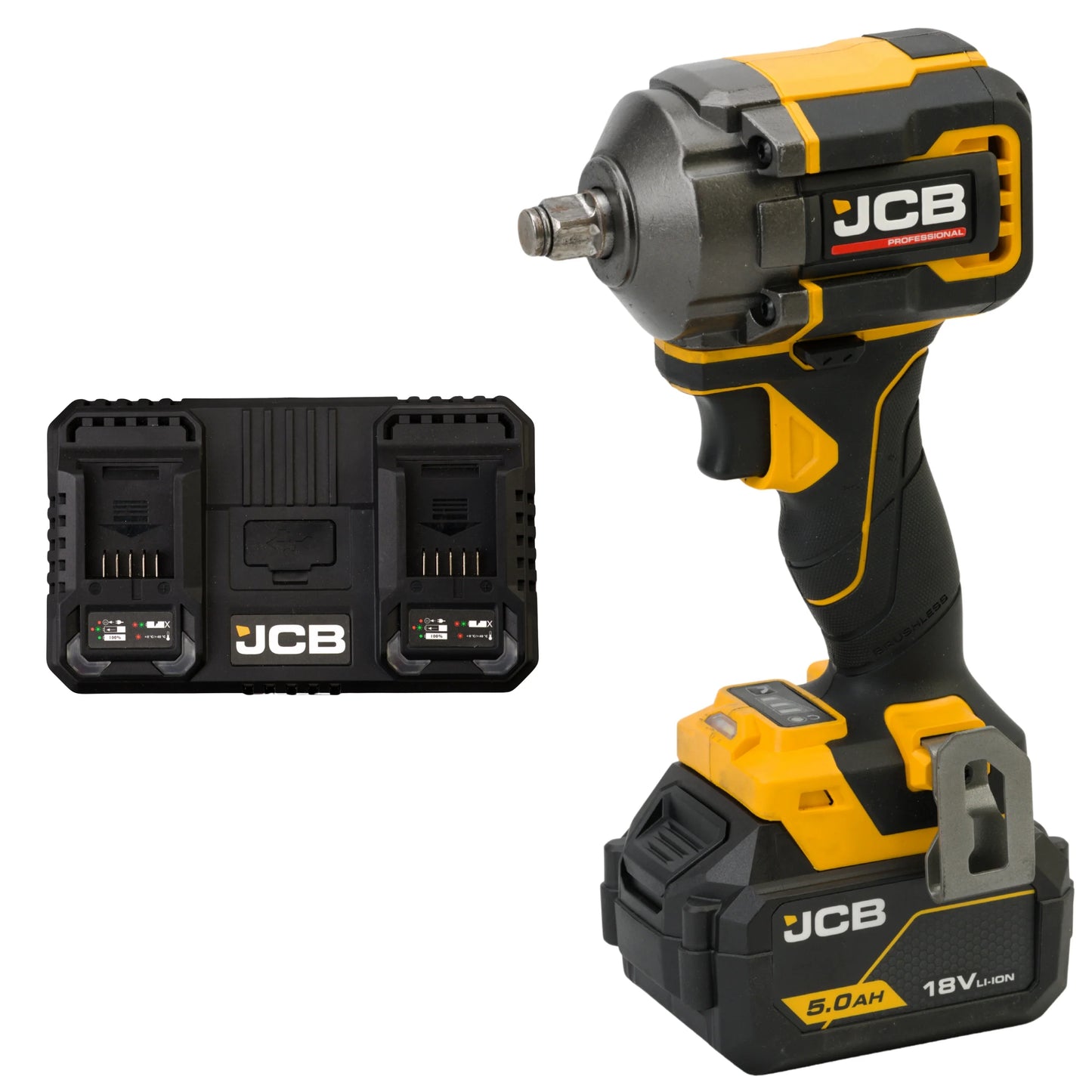 klucz udarowy akumulatorowy JCB Professional 18V żółto-czarny z akumulatorem 5.0Ah i podwójną ładowarką ujęcie z prawej strony