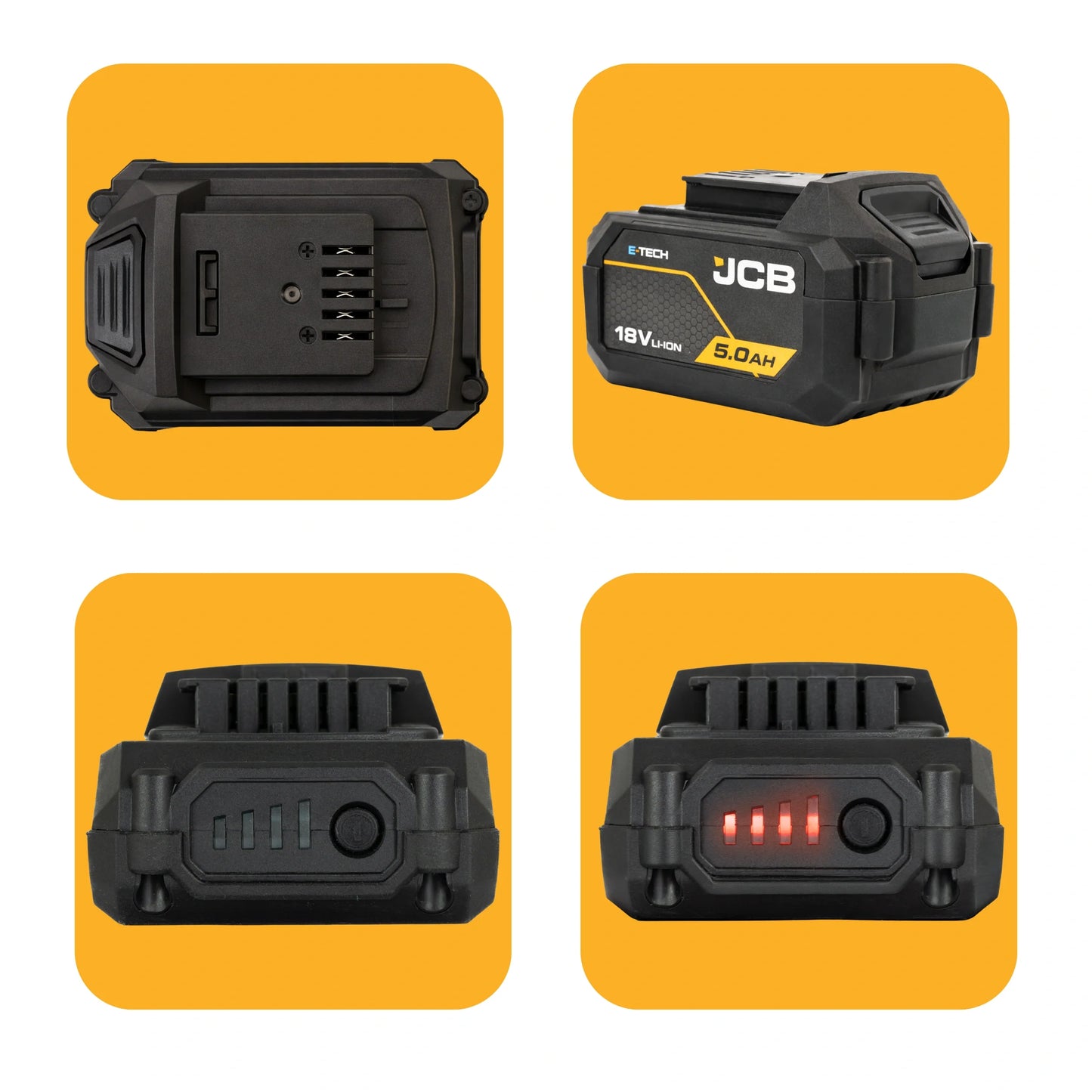 JCB E-Tech 18V 5.0Ah cztery ujęcia spód bok tył z wskaźnikiem naładowania zgaszonym i świecącym