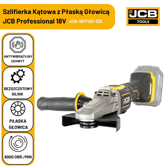 JCB Professional 18V szlifierka kątowa z włącznikiem łopatkowym i płaską głowicą (125 mm / 5")