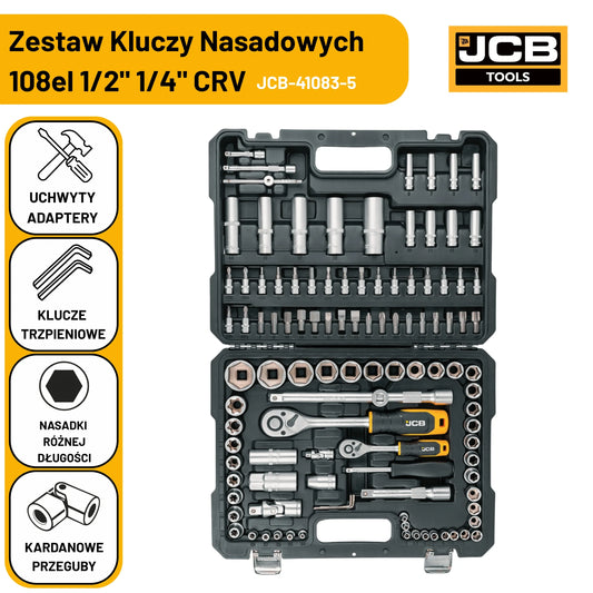 Zestaw kluczy nasadowych JCB 108el 1/2" 1/4" CRV grzechotki walizka 41082-5