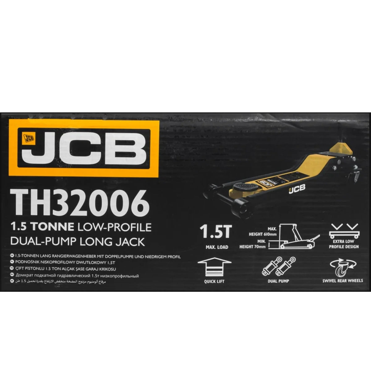 Etykieta pudełka podnośnika hydraulicznego JCB TH32006 1,5T Low-Profile Dual-Pump Long Jack z ikonami funkcji