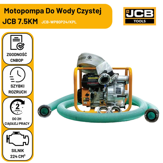 Komplet: motopompa JCB WP80 7,5 KM + wąż ssawny 3'' 5 M + wąż tłoczny cnbop 15 bar 20 M + 2x nasada storz 75 mm do wody czystej