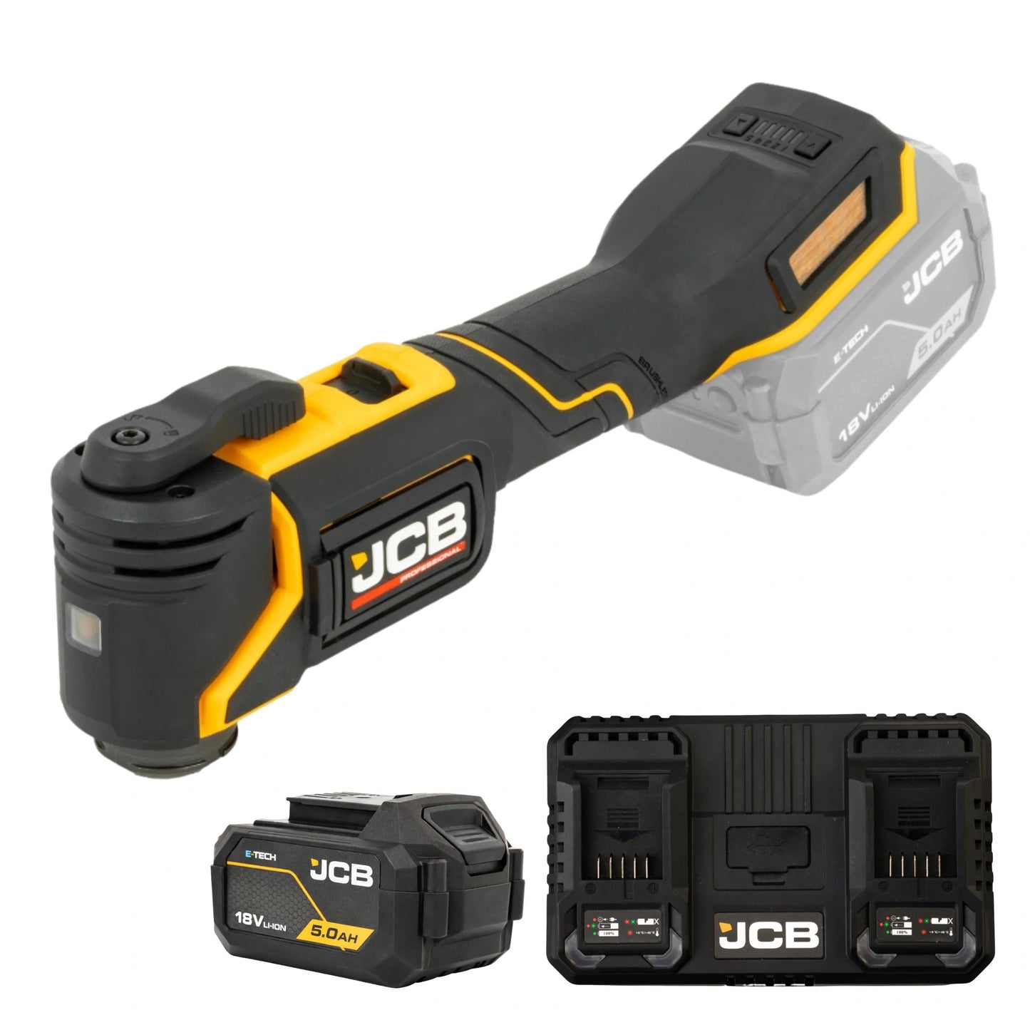Multinarzędzie JCB 18V ujęcie pod skosem oraz osobno akumulator 5.0Ah i podwójna szybka ładowarka