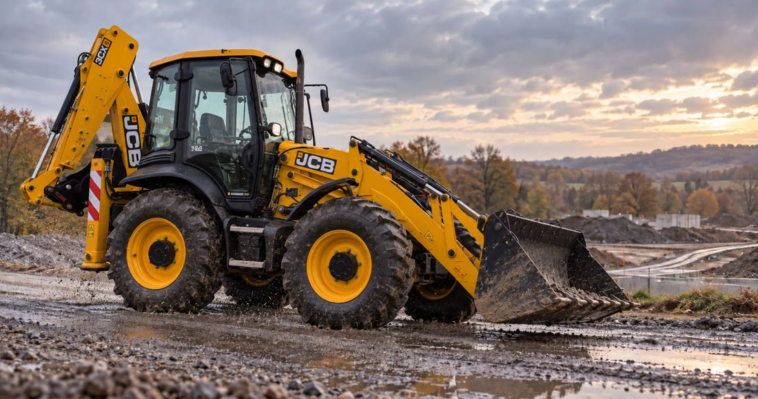 Koparko-ładowarka JCB 3CX hamująca na drodze budowy