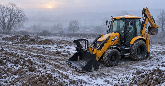 Akumulator JCB 3CX w koparko-ładowarce zimą na placu budowy