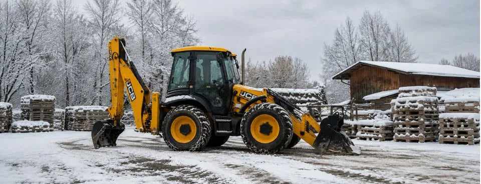 Koparko-ładowarka JCB na zaśnieżonym placu przy budynku gospodarczym