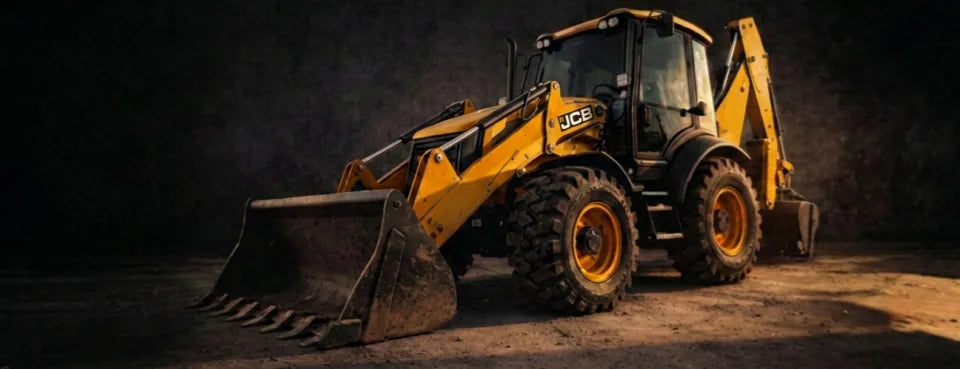 Żółta koparko-ładowarka z dużą łyżką na ciemnym tle, widoczne logo JCB
