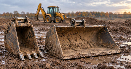 Koparko-ładowarka JCB 3CX z łyżką koparkową, przednią i skarpową na budowie