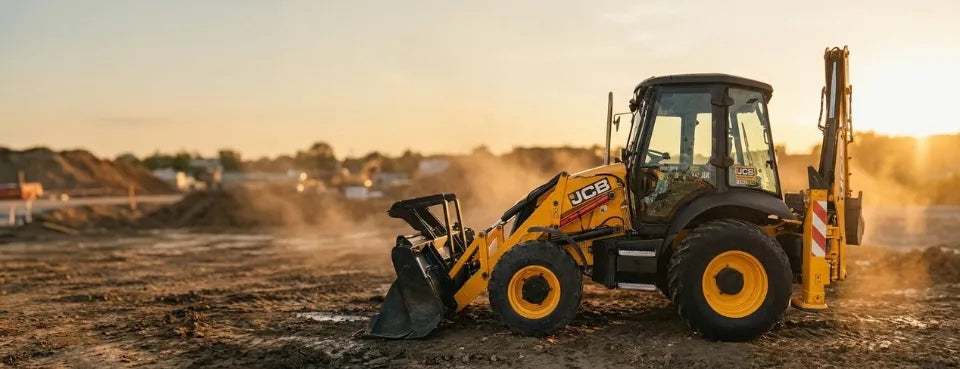 koparko-ładowarka JCB pracująca na placu budowy w kurzu przy zachodzącym słońcu