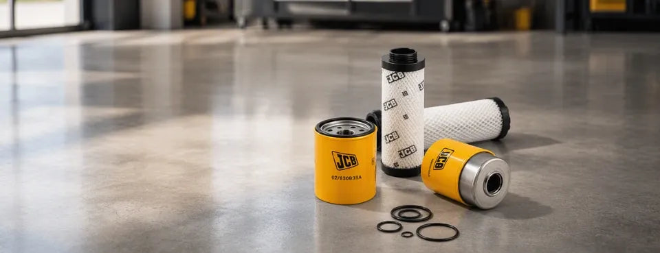 Trzy filtry JCB i zestaw uszczelek O-ring na posadzce