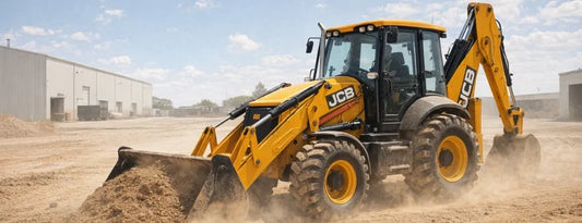 koparko-ładowarka JCB z przednią łyżką nabierającą ziemię na placu budowy