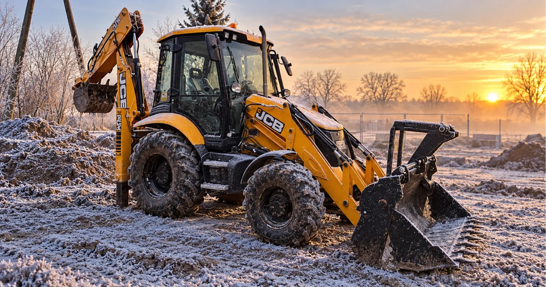 Akumulator JCB 3CX w koparko-ładowarce zimą na placu budowy