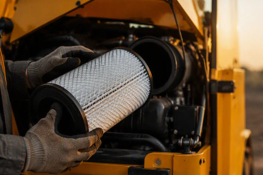Mechanik trzyma wkład filtra powietrza przy komorze dolotu silnika koparko-ładowarki JCB