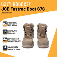 Infografika butów roboczych JCB Fastrac S7S z ikonami nosek 200J bez metalu, izolacja od zimna CI, odporność na gorące podłoże, właściwości antystatyczne