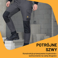Mężczyzna w grafitowych spodniach JCB Cargo na schodach budowlanych, tekst Potrójne szwy