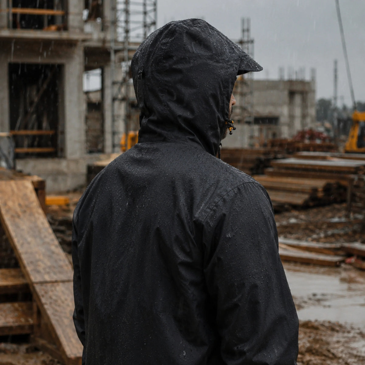 Mężczyzna w kurtce JCB008BL widok z tyłu na placu budowy w deszczu