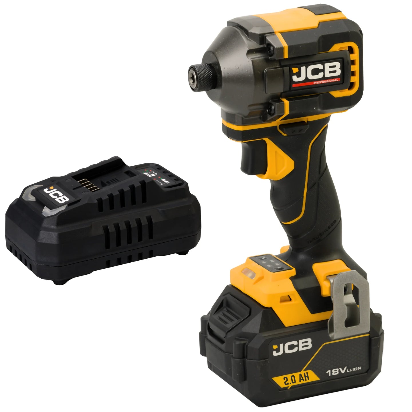 zakrętarka udarowa akumulatorowa JCB Professional 18V z akumulatorem 2.0Ah i ładowarką ujęcie z lewej strony