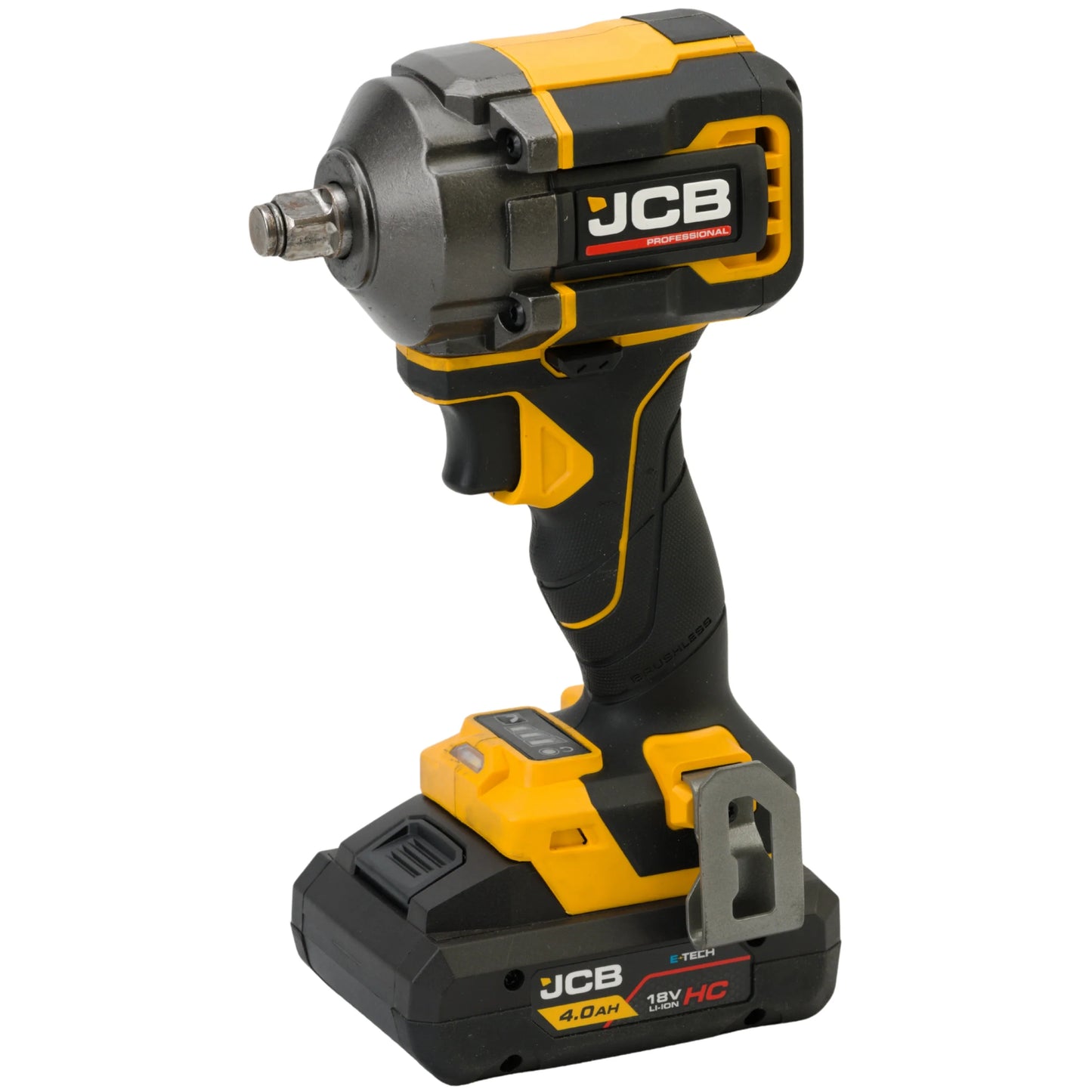 klucz udarowy akumulatorowy JCB Professional 18V 1/2 z akumulatorem HC 4.0Ah żółto-czarny ujęcie z lewej strony
