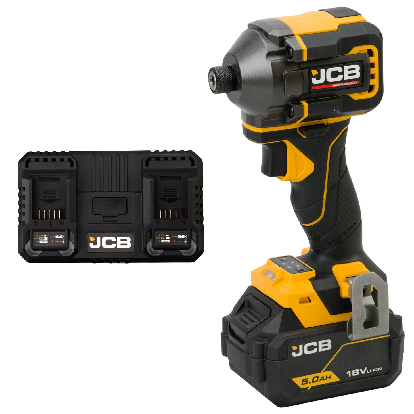 zakrętarka udarowa akumulatorowa JCB Professional 18V z akumulatorem 5.0Ah i podwójną ładowarką JCB ujęcie z prawej strony
