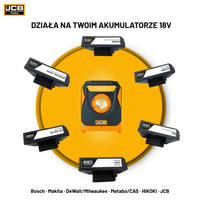 Lampa robocza LED JCB 6500 Lm 18V wieloakumulatorowa – gniazdo zasilania i panel LED