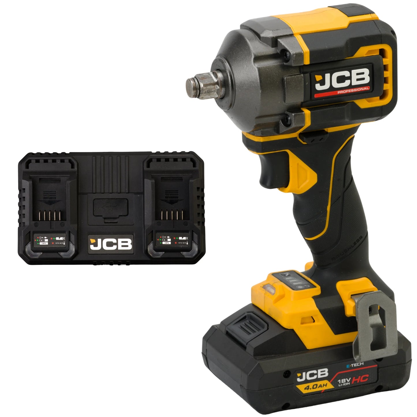 klucz udarowy akumulatorowy JCB Professional 18V żółto-czarny z akumulatorem E-Tech HC 4.0Ah i podwójną ładowarką ujęcie z prawej strony