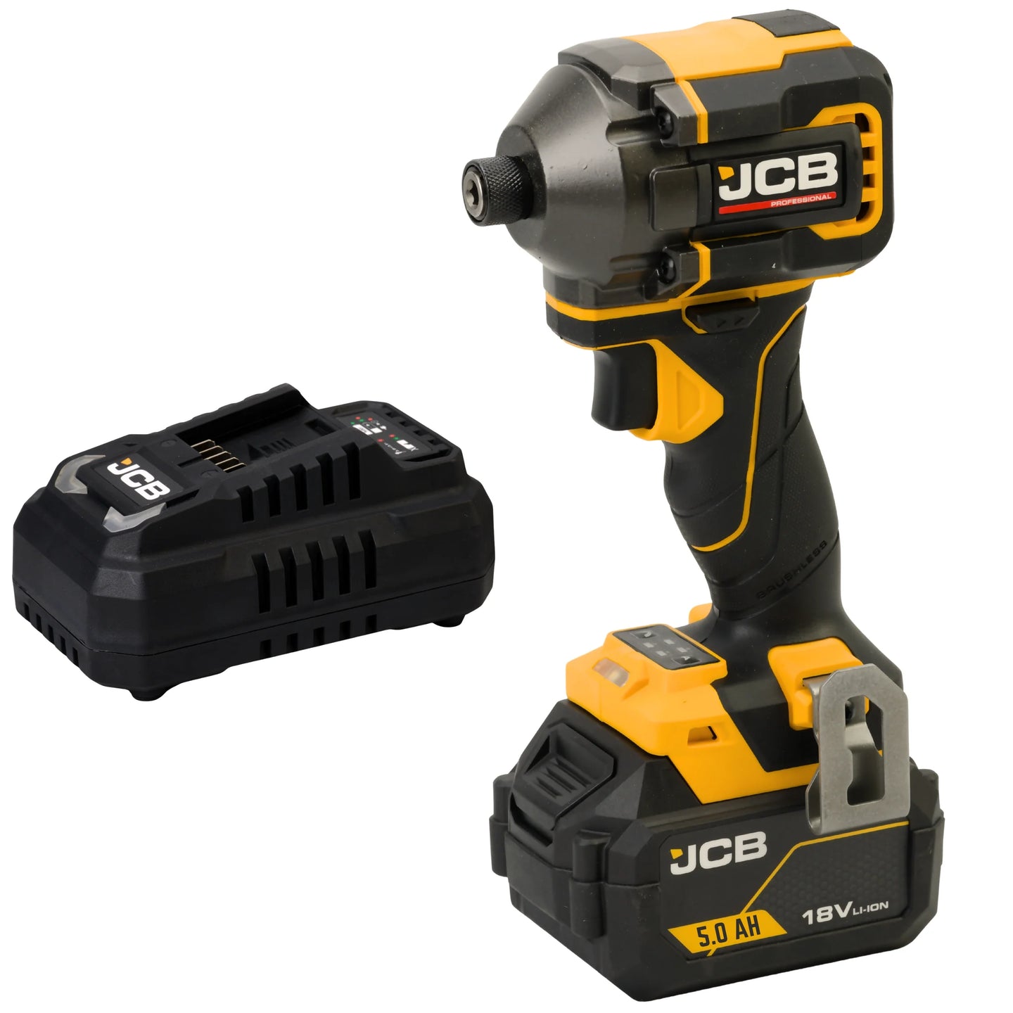 zakrętarka udarowa akumulatorowa JCB Professional 18V z akumulatorem 5.0Ah i ładowarką ujęcie z lewej strony