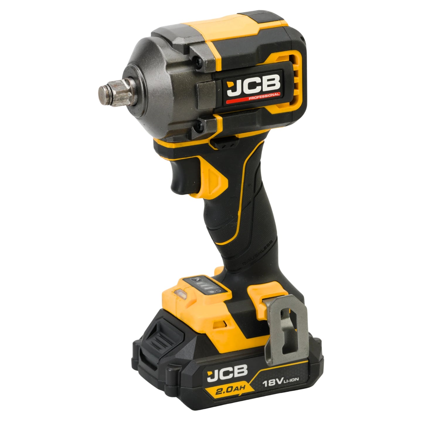 klucz udarowy akumulatorowy JCB Professional 18V 1/2 z akumulatorem 2.0Ah żółto-czarny ujęcie z lewej strony
