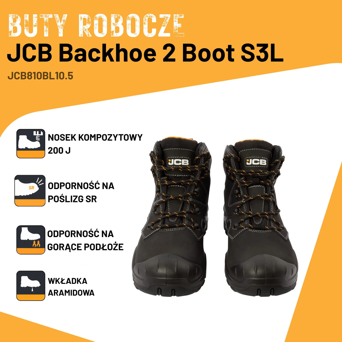 Infografika butów roboczych JCB Backhoe 2 S3L z ikonami nosek kompozytowy 200J, odporność na poślizg SR, odporność na gorące podłoże, wkładka aramidowa