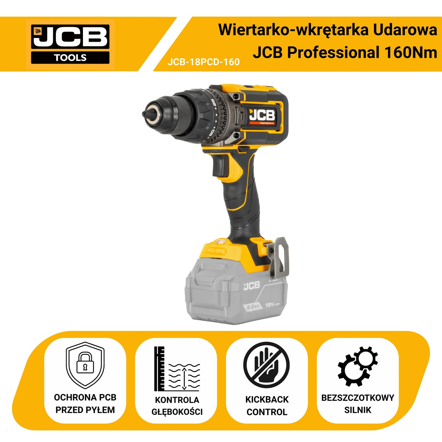 Zestaw elektronarzędzi akumulatorowych JCB 18V 5.0 Ah 160 Nm (JCB-18PCD-160-5)
