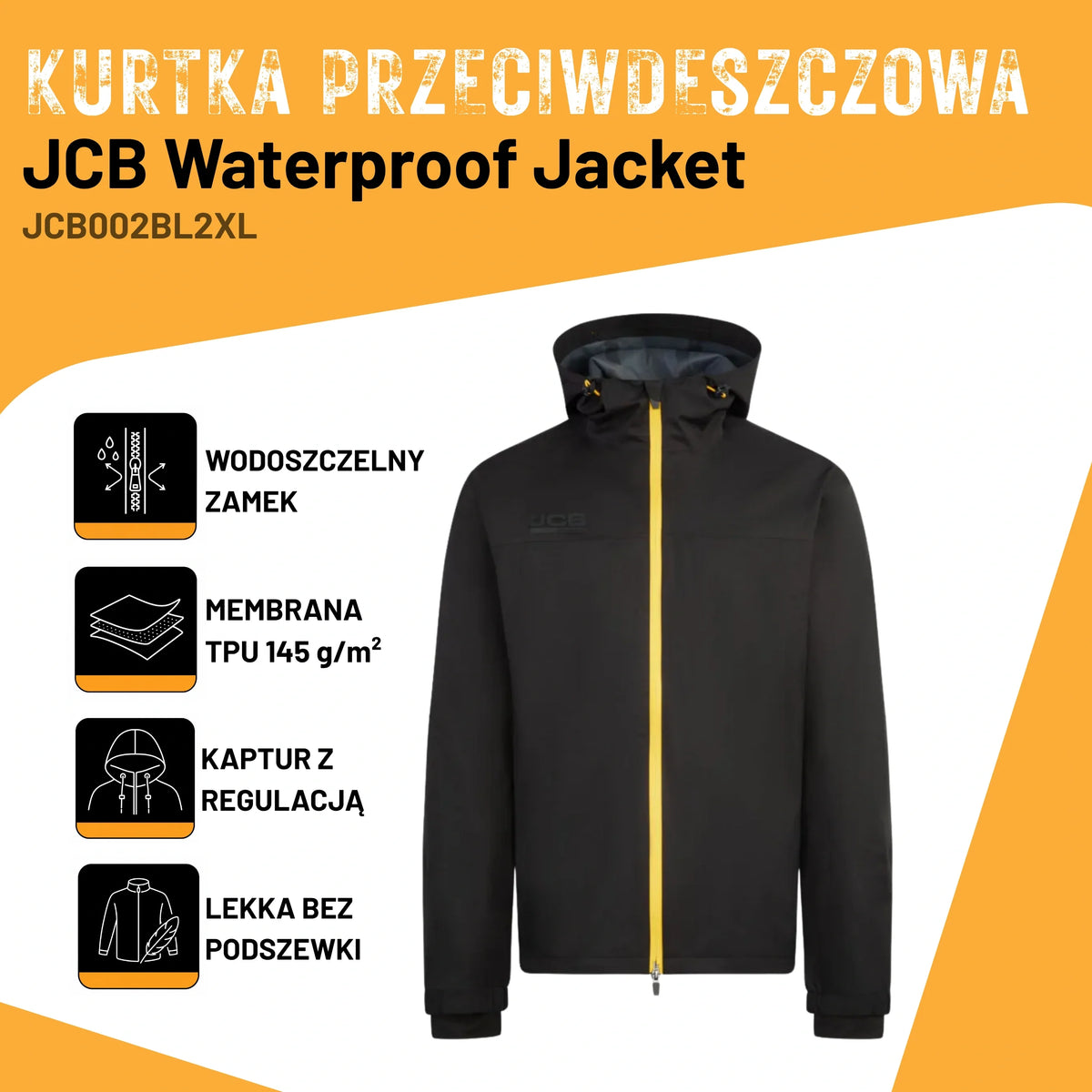 Kurtka przeciwdeszczowa JCB Waterproof Jacket z kapturem i wodoodpornym zamkiem