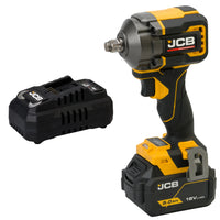 klucz udarowy akumulatorowy JCB Professional 18V żółto-czarny z akumulatorem 5.0Ah i ładowarką ujęcie z lewej strony