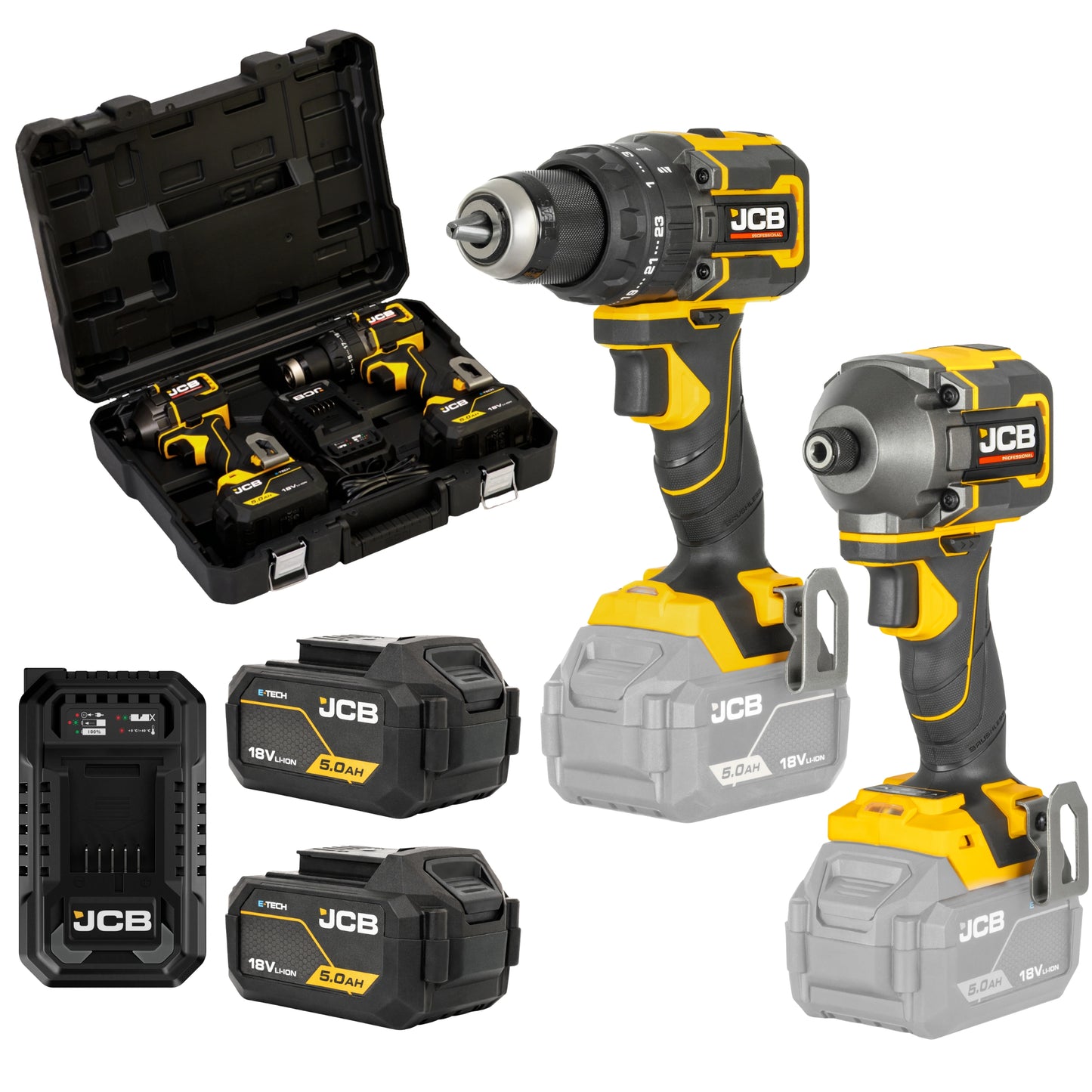 Zestaw elektronarzędzi akumulatorowych JCB 18V 5.0 Ah 75 Nm (JCB-18PKIT-2)