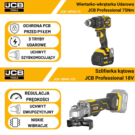 JCB Professional zestaw wiertarko-wkrętarka 75 Nm szlifierka kątowa 125 mm 2x 5Ah ładowarka torba