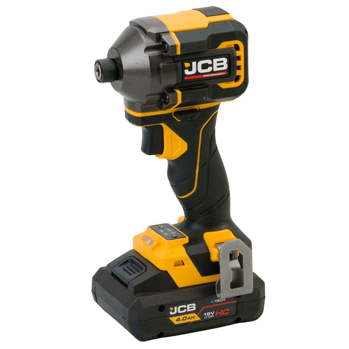 zakrętarka udarowa akumulatorowa JCB Professional 18V z akumulatorem HC 4.0Ah żółto-czarna ujęcie z prawej strony
