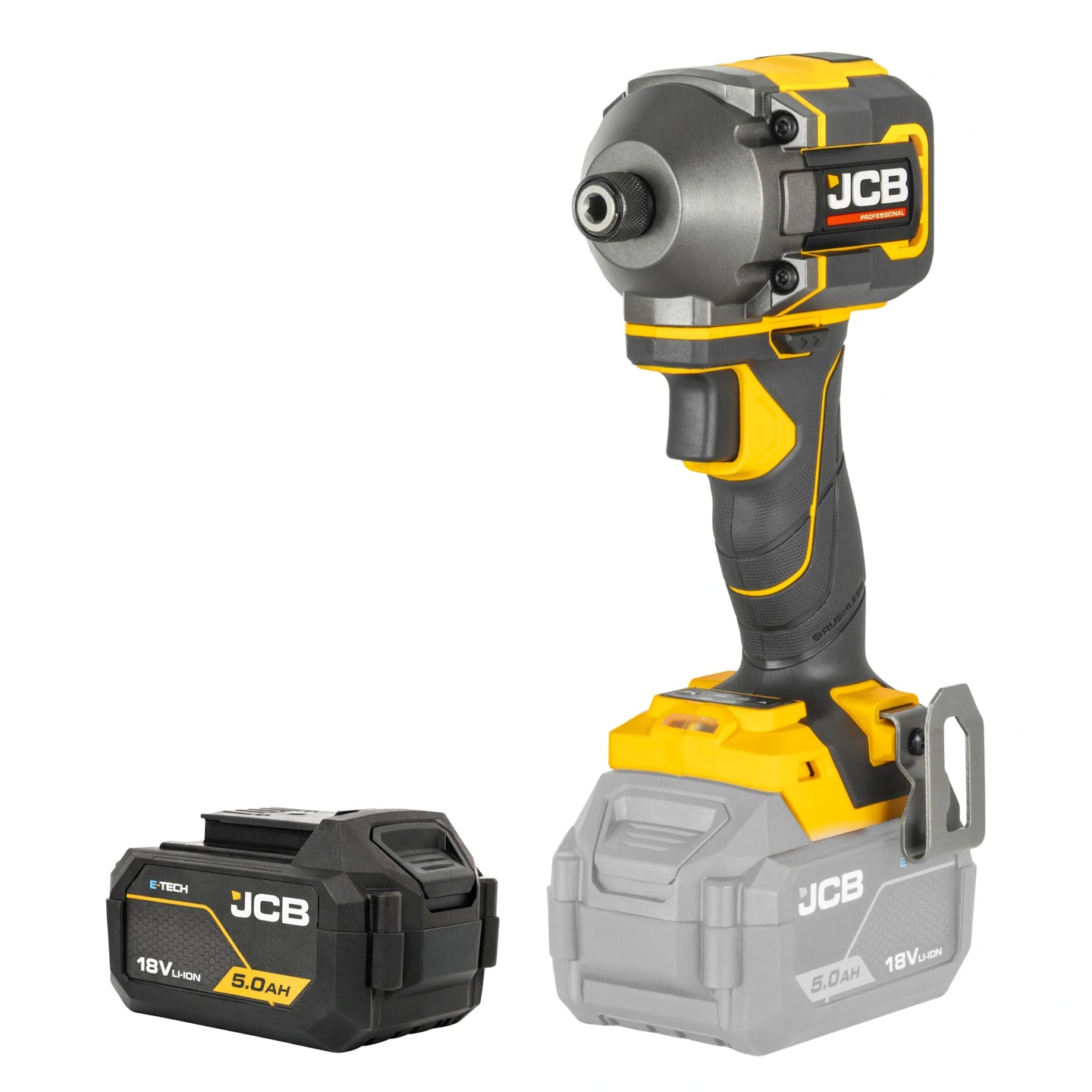 zakrętarka udarowa JCB Professional 18V żółto-szara z akumulatorem E-Tech 5.0Ah obok ujęcie z lewej strony