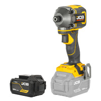 zakrętarka udarowa JCB Professional 18V żółto-szara z akumulatorem E-Tech 5.0Ah obok ujęcie z lewej strony