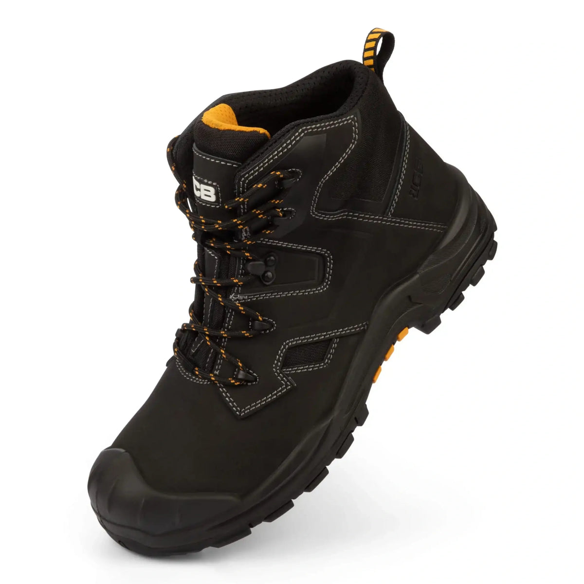 Buty robocze JCB Backhoe 2 S3L czarne z żółtymi akcentami i logo JCB, widok z boku
