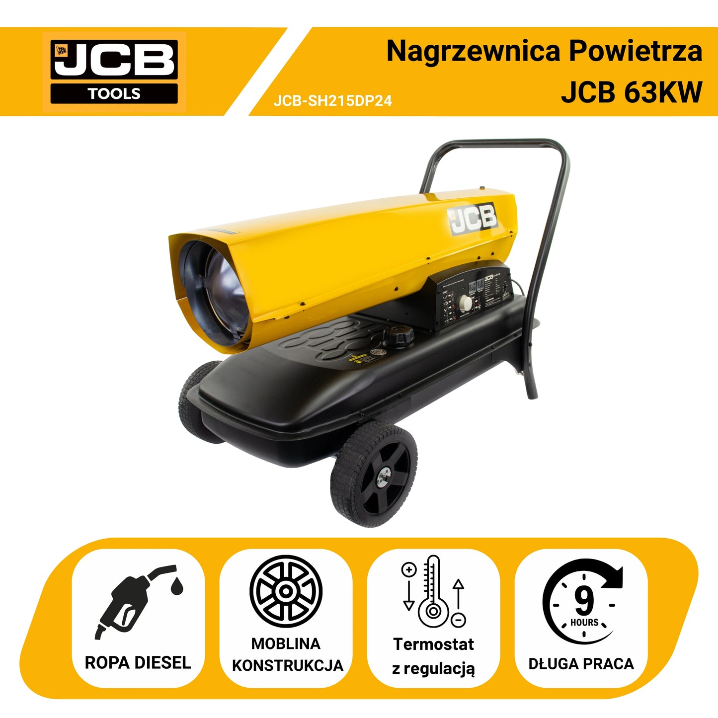 Nagrzewnica olejowa na olej napędowy JCB 63 kW – do hali i warsztatu z termostatem