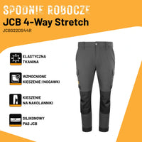 Infografika spodni JCB 4-Way Stretch z ikonami elastyczna tkanina, wzmocnione kieszenie i nogawki, kieszenie na nakolanniki, silikonowy pas JCB