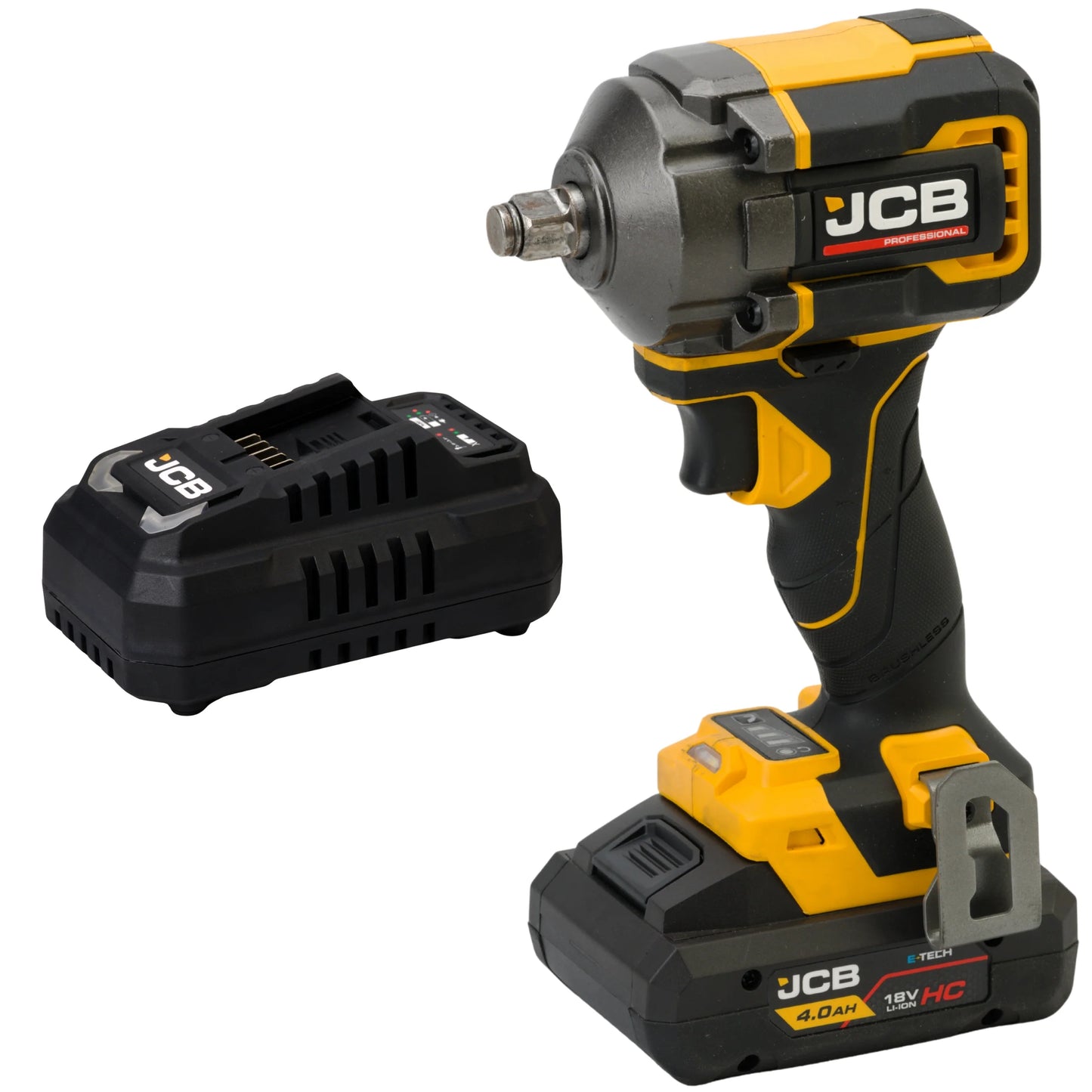 klucz udarowy akumulatorowy JCB Professional 18V żółto-czarny z akumulatorem E-Tech HC 4.0Ah i ładowarką ujęcie z lewej strony