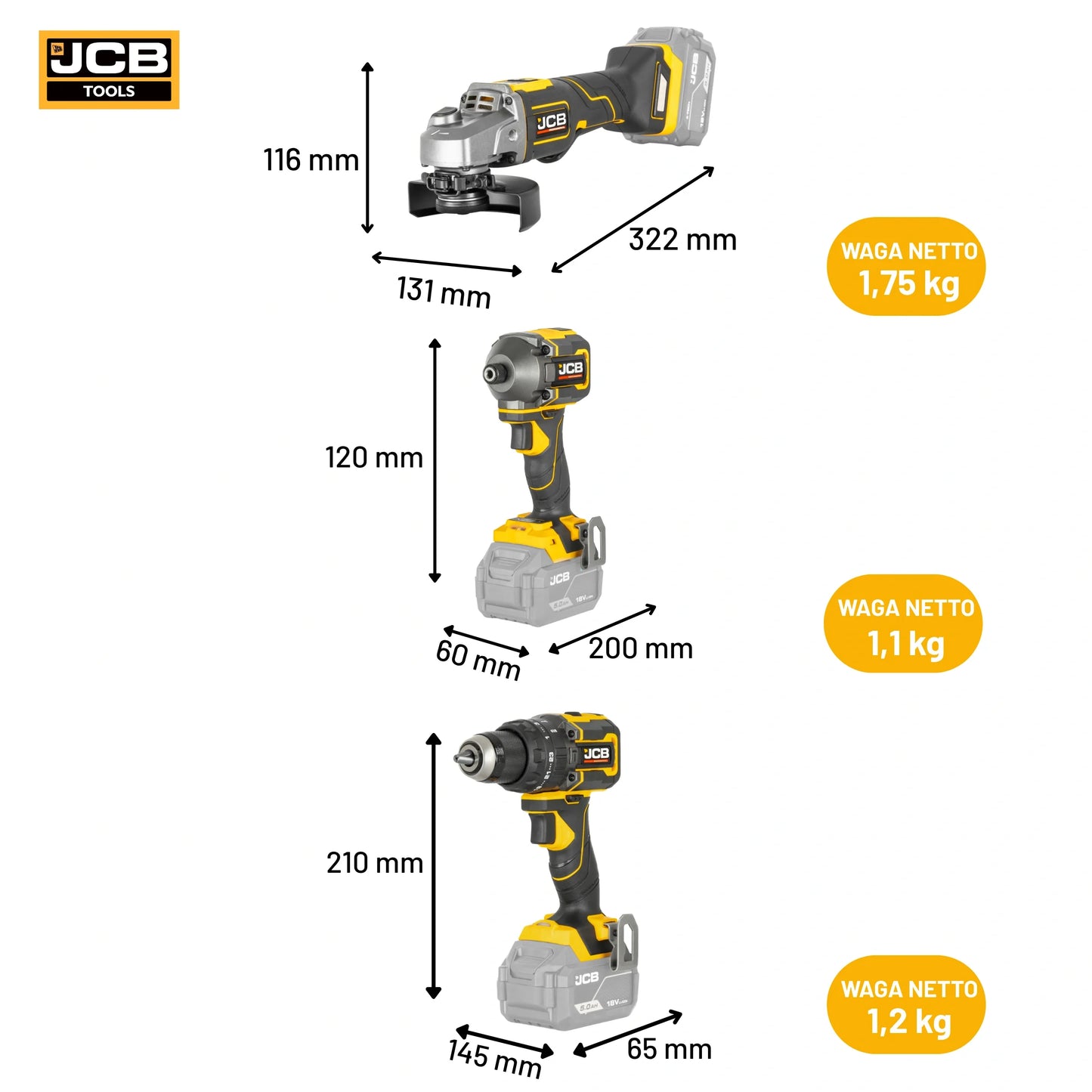 Zestaw elektronarzędzia JCB 18PKIT-7 – zestaw elektronarzędzi akumulatorowych