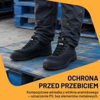 Mężczyzna w czarnych półbutach roboczych JCB Cagelow 2 S1PS na palecie, tekst Ochrona przed przebiciem