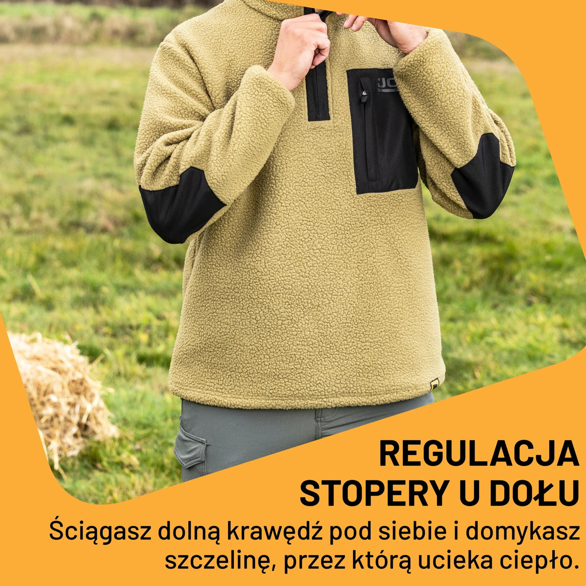 Osoba w polarze JCB Borg kolor oliwkowy, tekst Regulacja stopery u dołu