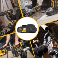 akumulator li-ion JCB 18V 2.0Ah w centrum kolaż elektronarzędzi JCB w pracy wiertarka szlifierka klucz udarowy i smarownica