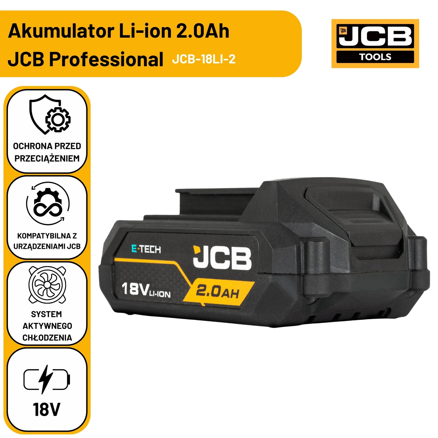 JCB Professional 18V 2.0Ah z ikonami ochrony przed przeciążeniem aktywnego chłodzenia i kompatybilności z urządzeniami JCB