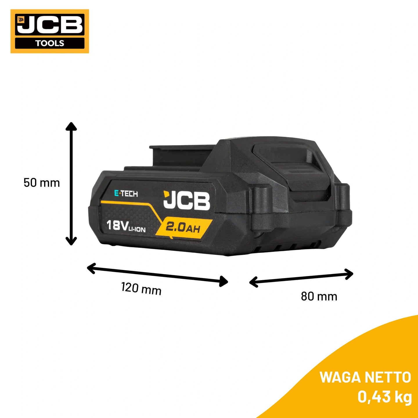 schemat wymiarów akumulatora JCB 18V 2.0Ah: 120×80×50 mm waga netto 0,43 kg