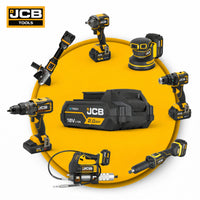 JCB 18V 2.0Ah z kompatybilnymi elektronarzędziami akumulatorowymi 18V w otoczeniu wiertarki szlifierki klucza udarowego i smarownicy