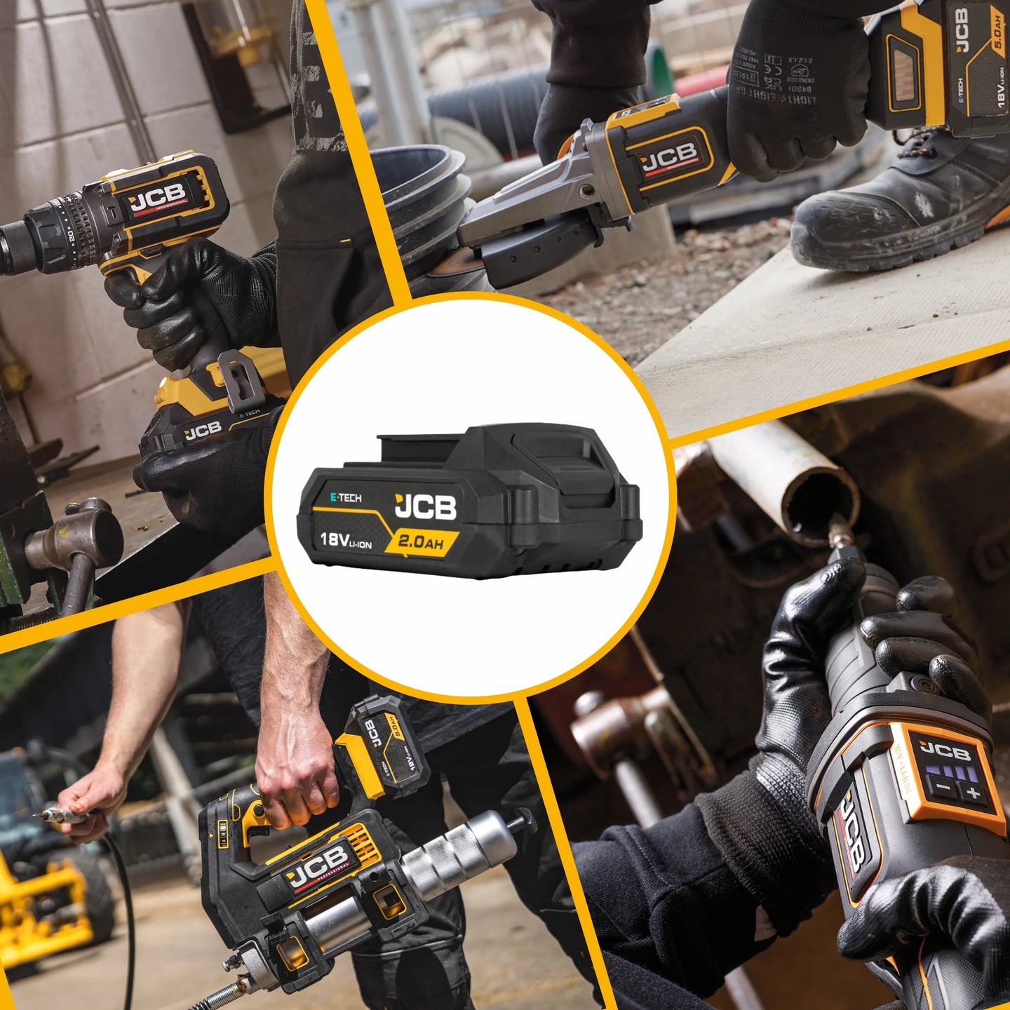 akumulator li-ion JCB 18V 2.0Ah w centrum kolaż elektronarzędzi JCB w pracy wiertarka szlifierka klucz udarowy i smarownica