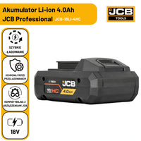 JCB Professional 18V HC 4.0Ah z ikonami szybkiego ładowania ochrony przed przeładowaniem i kompatybilności z urządzeniami JCB