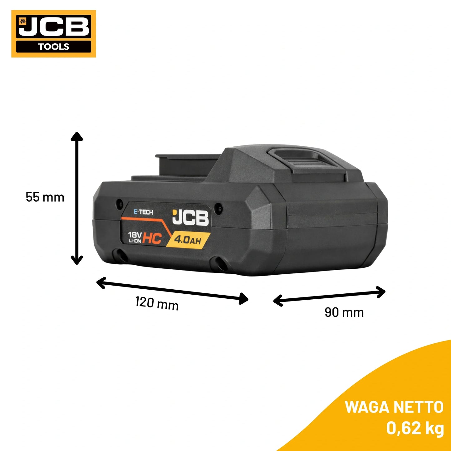 schemat wymiarów akumulatora JCB 18V HC 4.0Ah: 120×90×55 mm waga netto 0,62 kg